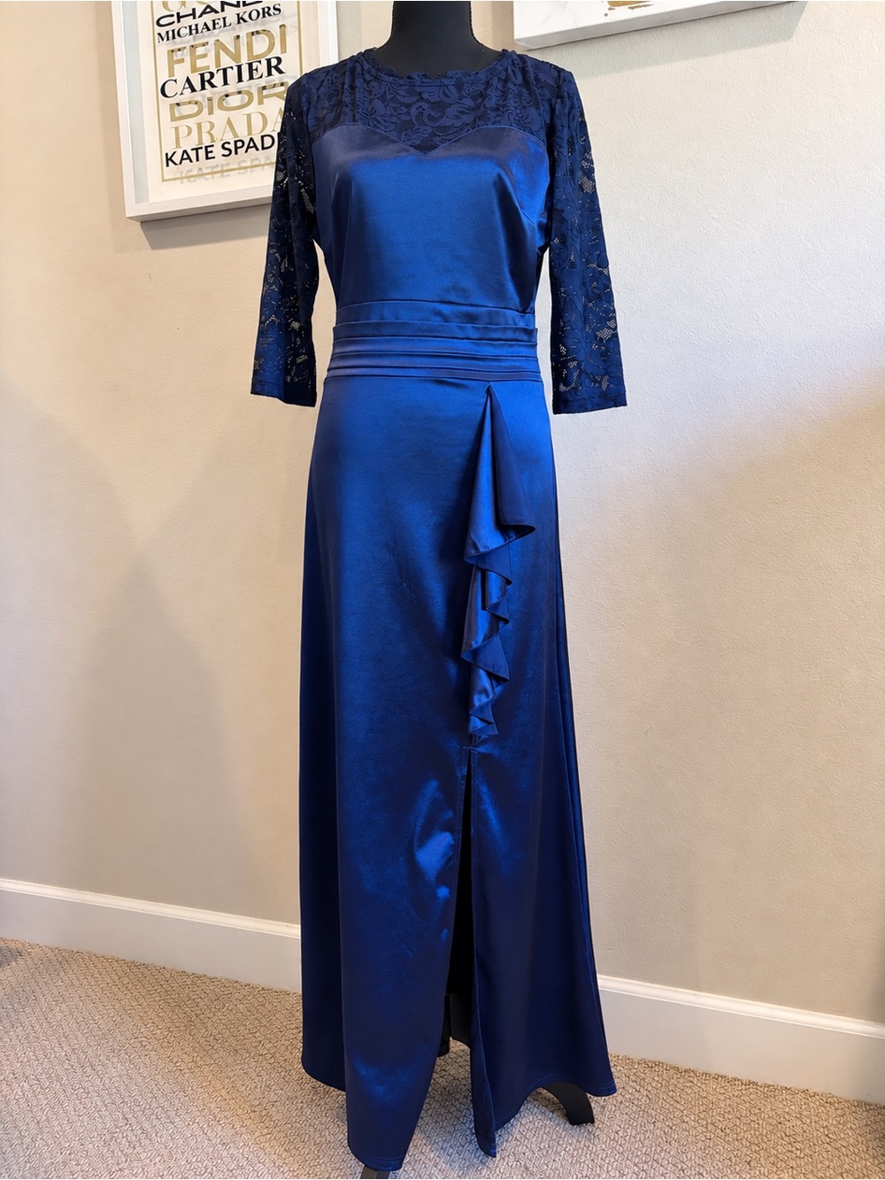 MIUSOL Navy Blue Lace Satin Ruffle Maxi Formal Gown M